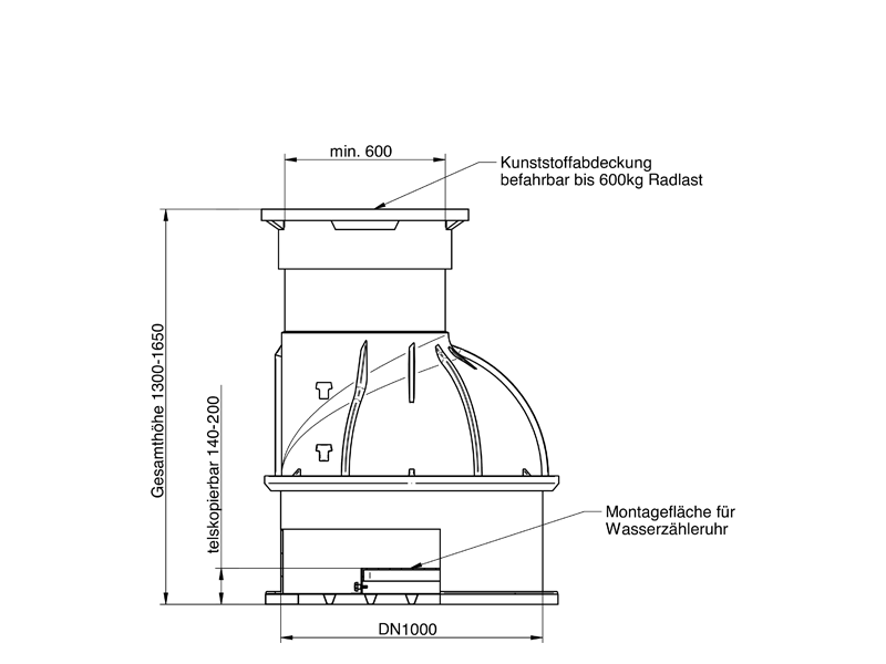 Maßzeichnung Wasserzählerschacht Höhe 1300 - 1650mm